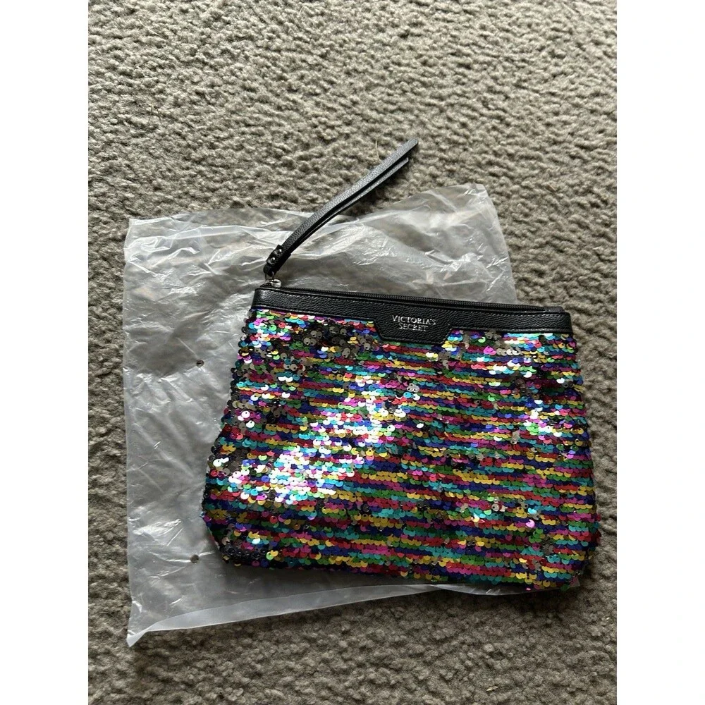 NEW VICTORIAS SECRET Multi Sequin / Black Logo Zip Cosmetic Clutch Bag